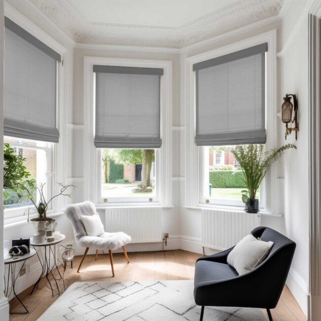 Grey Roman Blinds for Bay Windows available from Expression Blinds